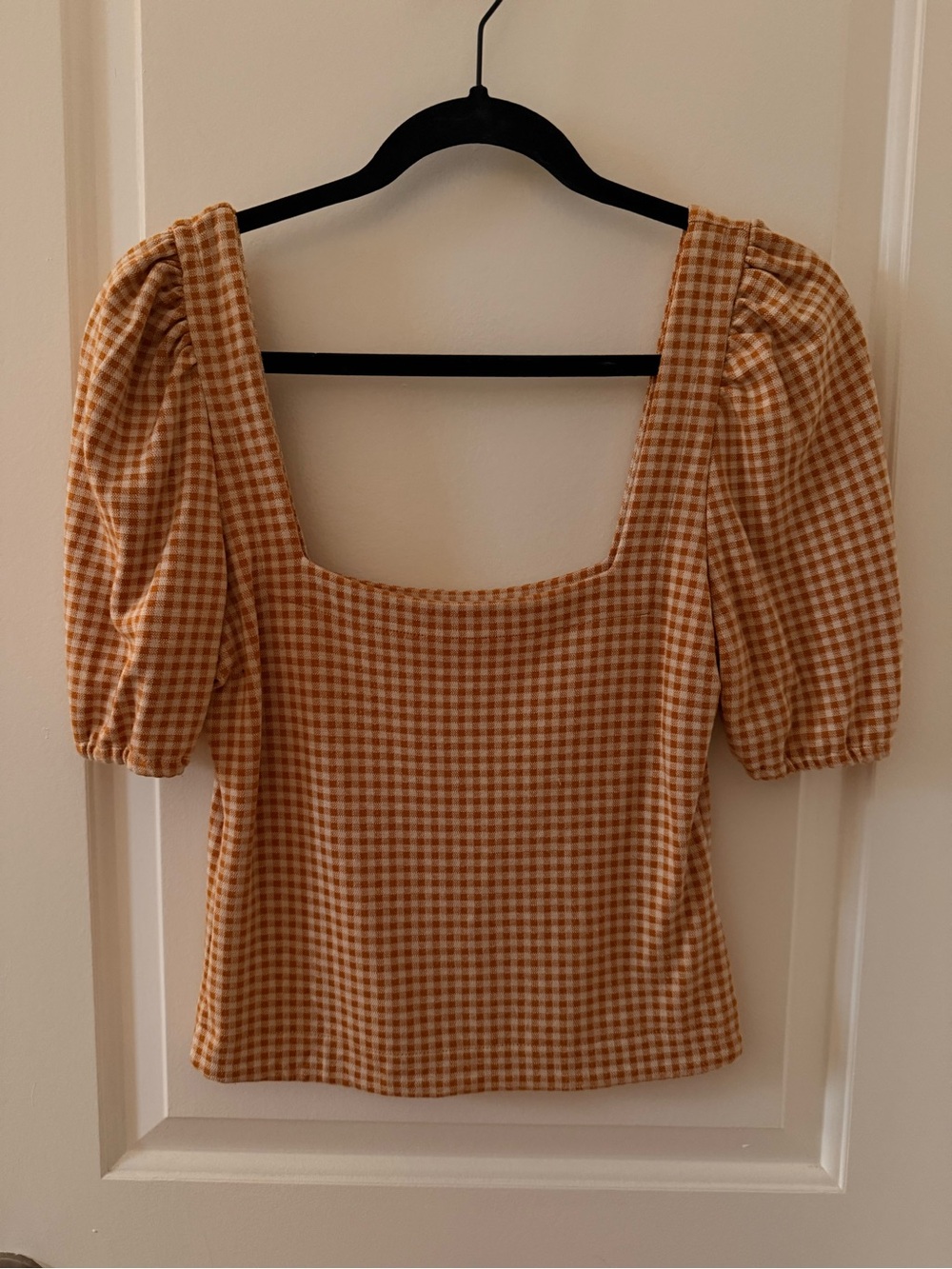 Gingham Square-Neck Puff Sleeve Blouse - Mustard